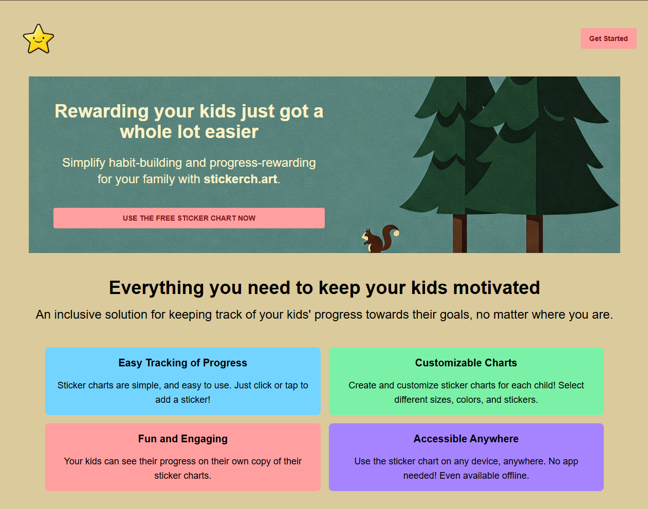 A screenshot of the landing page I've been working on for the sticker chart app I'm building.