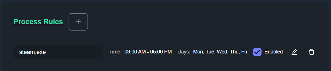 A picture of the rule I created to block Steam on my computer during the work day.